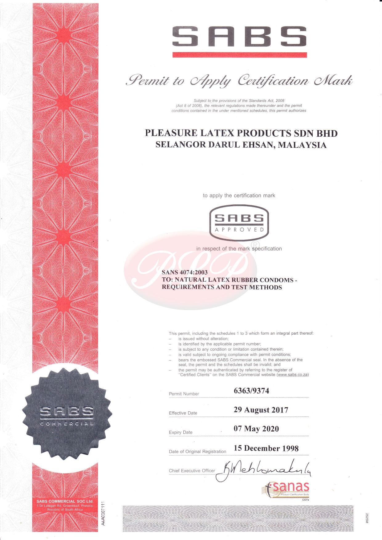 SABS Permit Certificate