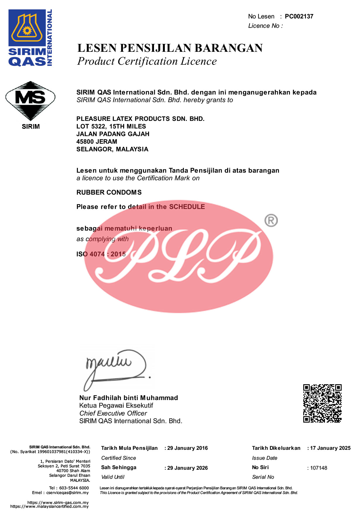SIRIM Mark Certificate <br>(2016.01.29 – 2025.01.17)